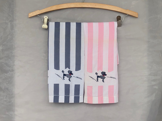 Vintage Poodle Bathroom Guest Hand Towel Set Retro Pink & Gray 1950S Decor Linen Towels With Embroidered Poodles