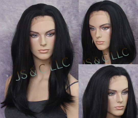 Black Human Hair Blend Long Straight Free Parting Heat Ok Slightly Layered Cancer Alopecia Theatrical Anime