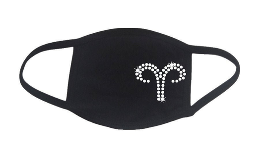 Rhinestone Aries Embellished Face Mask - Zodiac Astrology Filter Pocket Soft Comfortable Reusable Washable Bling Fun Sign Ram