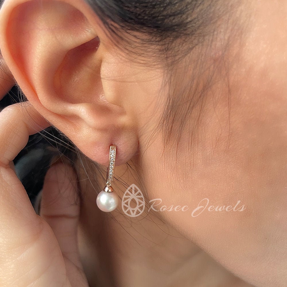 8 Ct Japanese Cultured Pearl Drop Earrings, & Diamond Bridal Earrings