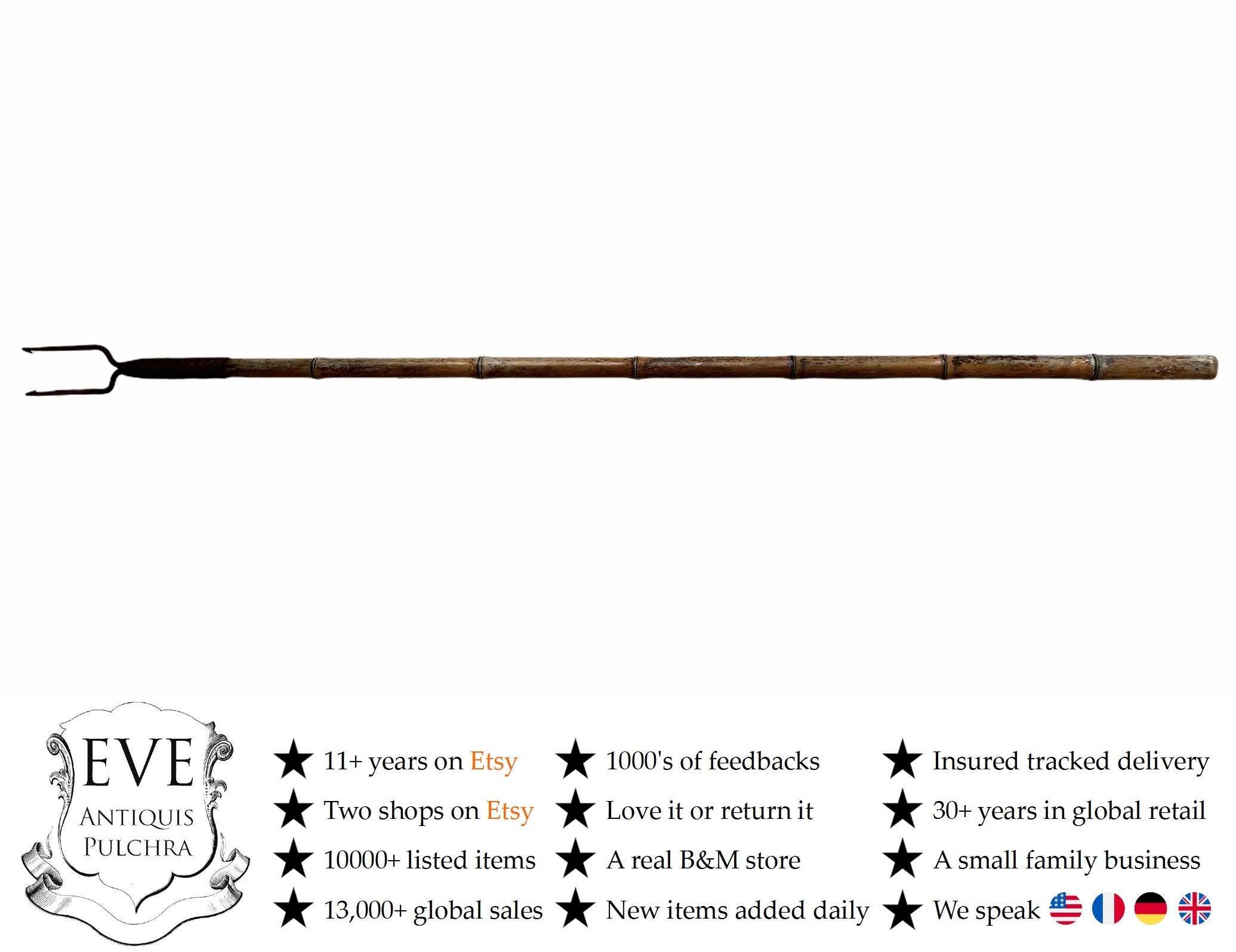 Vintage French Fishing Harpoon Spear Large Long Metal Wood Bamboo Hand Tool Iron Decorative Ornament C1920-30's/Eve Of England