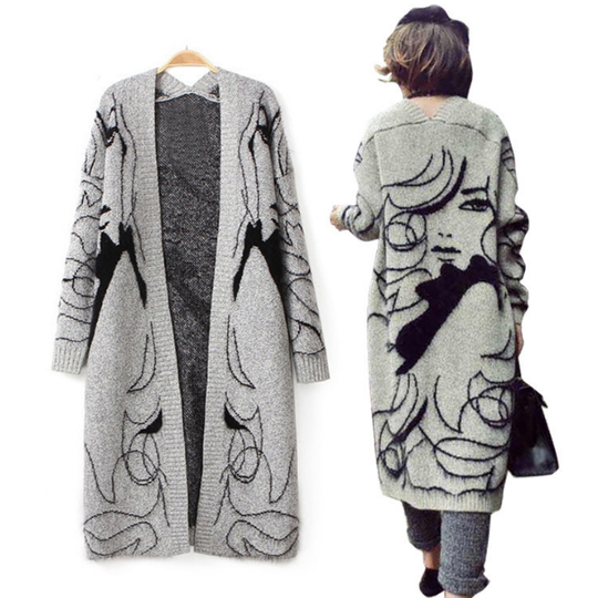 Autumn Winter Rabbit Hair Blend Knitted Cardigans Women Print Jumper Sweater