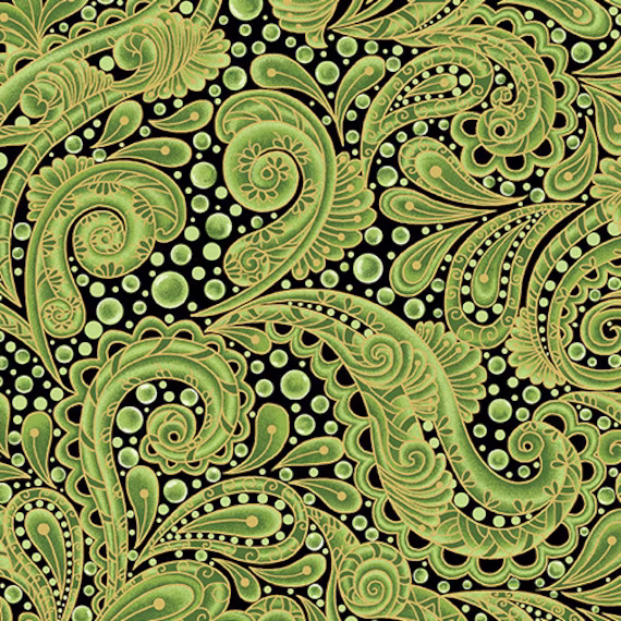 Green Paisley Metallic Circles Dots Blender Basics, Essentials Fabric Hooked On Fish Collection By Benartex Yardage & Fat Quarters Available