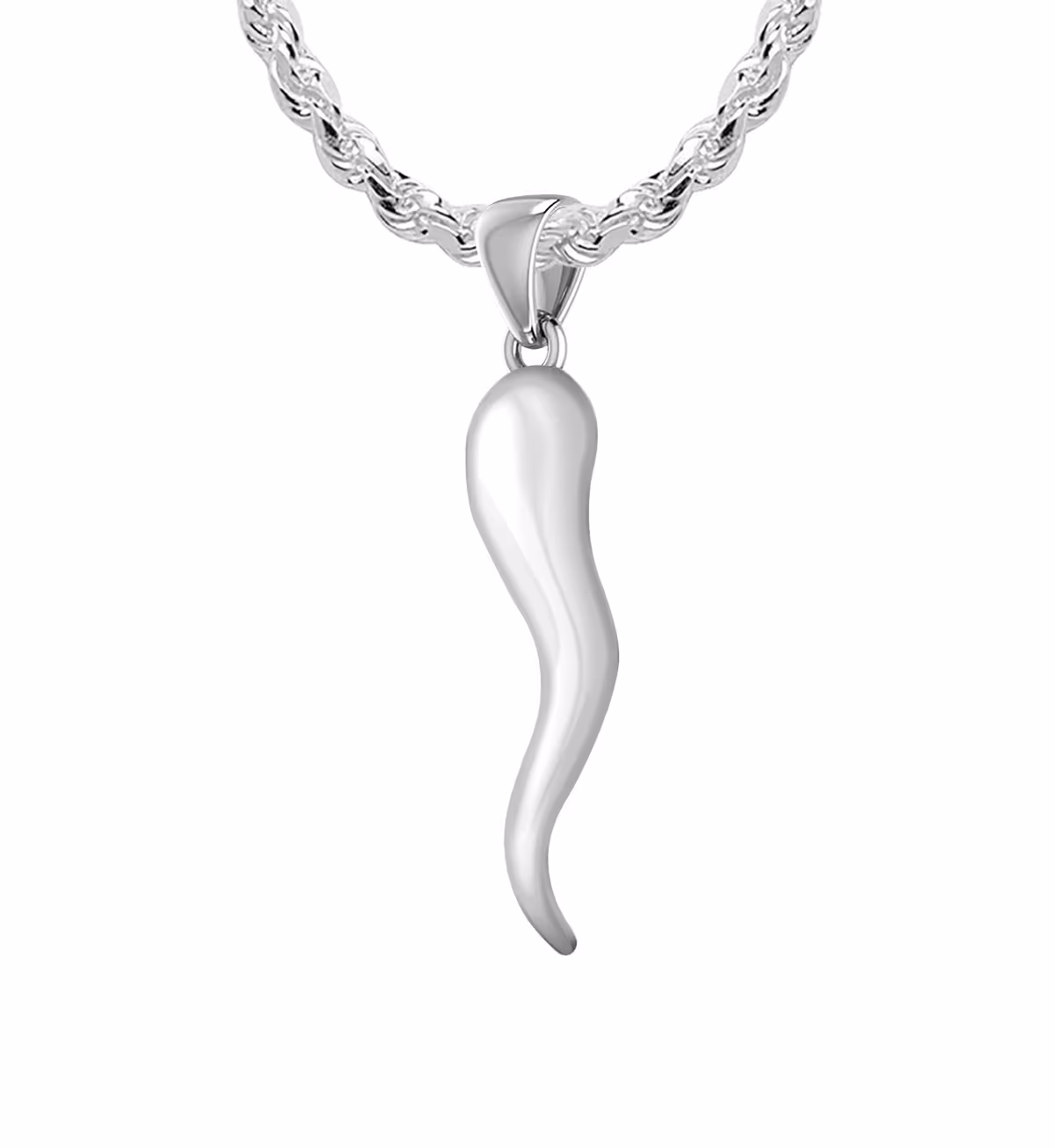 Us Jewels Men's 925 Sterling Silver 26mm Italian Horn Good Luck Pendant Necklace