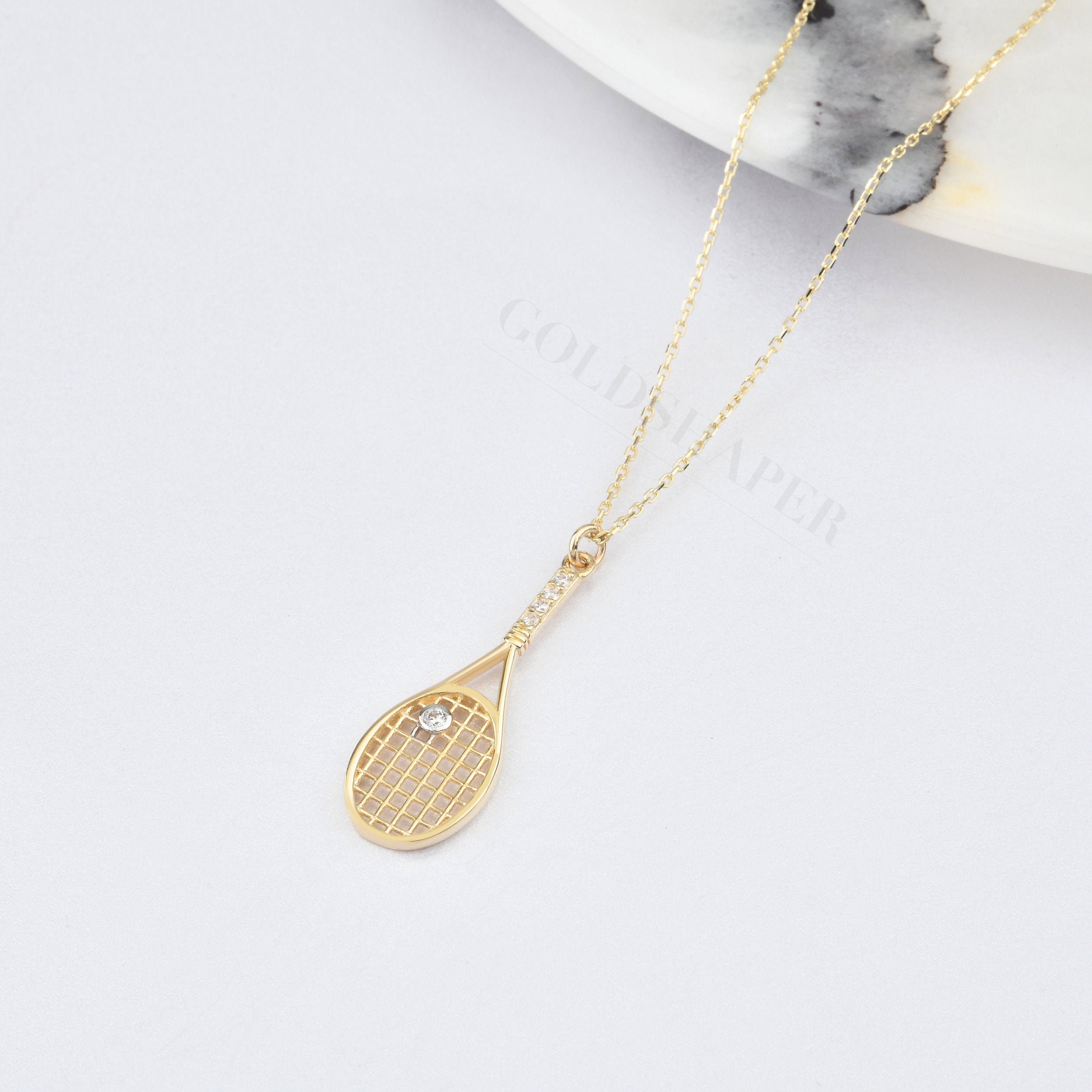 Tennis Racket Necklace, 14K Solid Gold Racquet Sport's Lover Gift, Birthday Unisex Special Gift