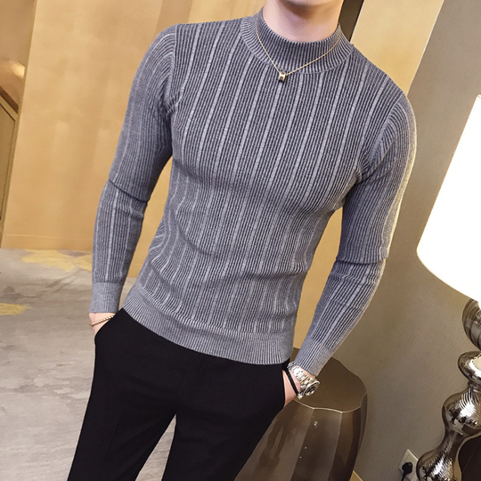 Autumn and Winter Mens Fashion Striped Boutique Wool Blend Casual Round Neck Knitted Sweaters / Mens Slim Warm Sweater - gray, 3xl (eur l) - grey