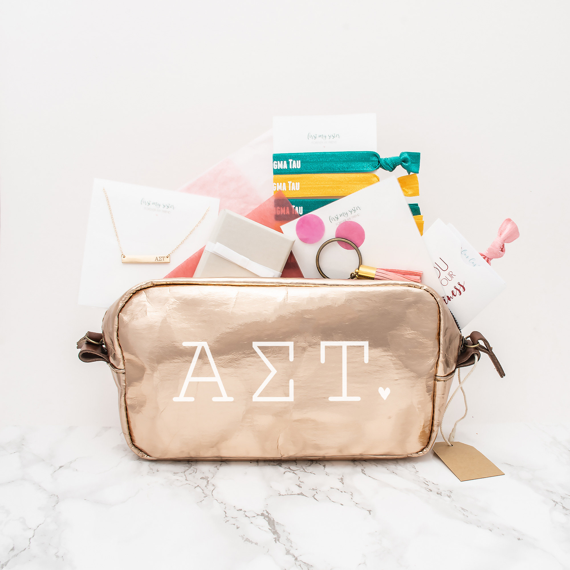 Alpha Sigma Tau Gift Set, Ast Sorority Gifts Bundle, Greek Pack With A S T Cosmetic Bag, Bar Necklace, Rings, Hair Ties & Keychain