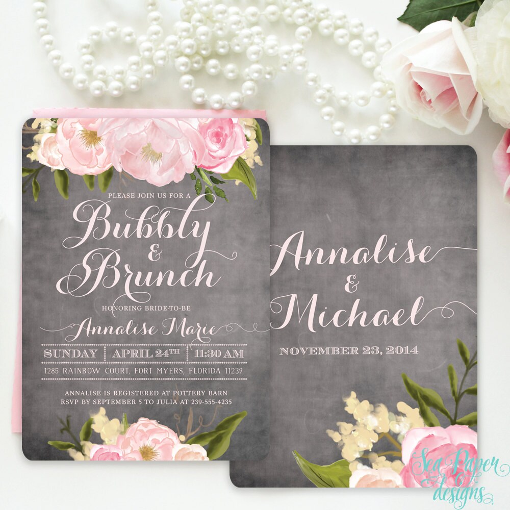 Brunch & Bubbly Bridal Shower Invitation Floral, Chalkboard, Pink Peonies Roses - Mimosa/Champagne Party Invite Emily
