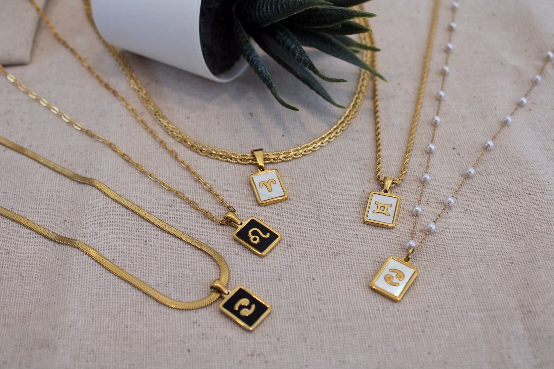 18K Gold Zodiac Sign Necklace, Constellation Astrology Pearl Sign, Waterproof, Unisex Personalized Gift