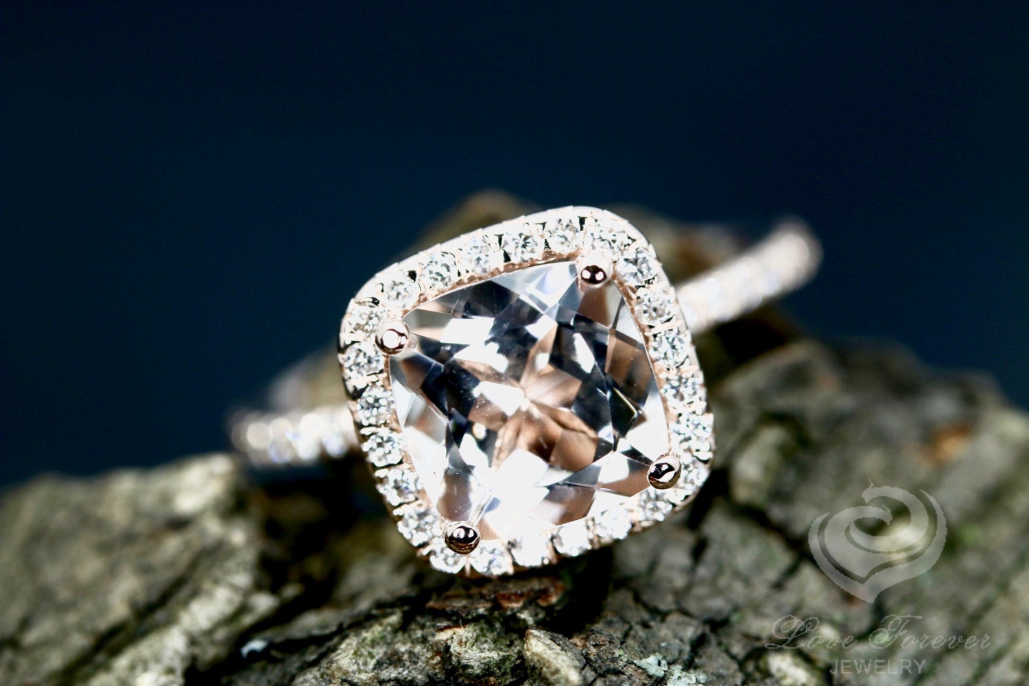 14K Rose Gold Engagement Ring Morganite 8mm/2 Carats Cushion Cut Halo Diamond | Bridal Wedding Set & Stones Available