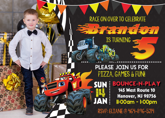 Blaze & The Monster Machines Custom Invitation With Photo Blaze, Crusher, Zeg Digital File, Print At Home