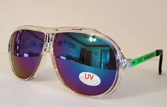 Vintage Aviator Sunglasses // Ocean Lens Clear Front Frames Bright Green Metal Side Frames 90S Glasses Vtg Sport Brand Nos