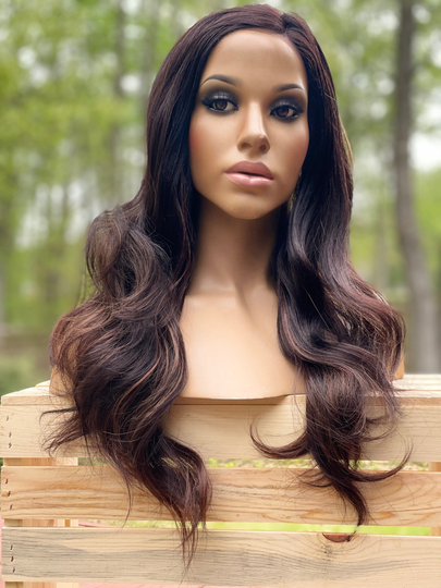 Human Hair Blend Wig 4x4 Free Parting 4/27/30 Medium Brown Blonde Auburn Highlights Wavy Lace Front 22"