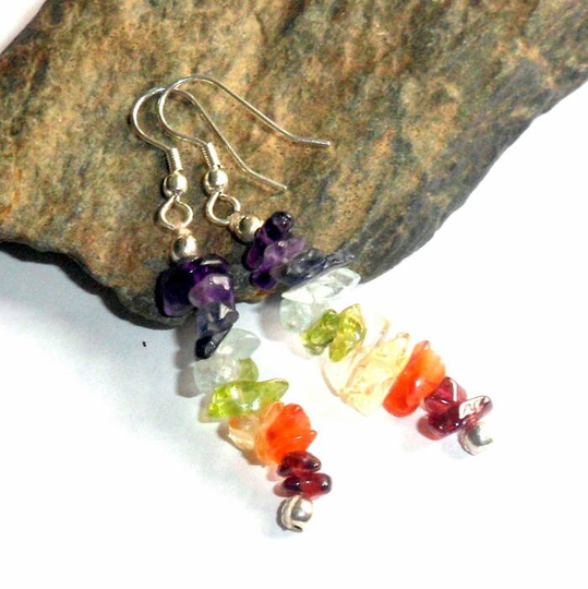 Seven Chakras Chip Gemstone Earrings Silver Dangle Drop Earthegy Chakra Jewelry #883