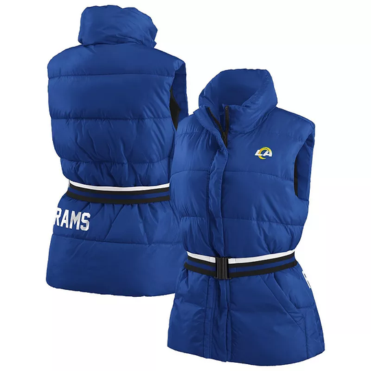 Women's WEAR by Erin Andrews Royal Los Angeles Rams Full-Zip Puffer Vest with Belt, Size: 2XL, Blue