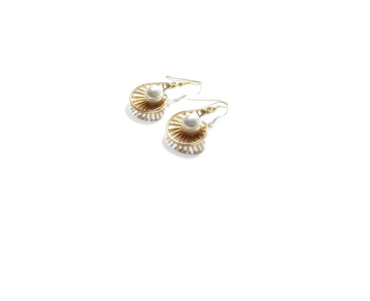 White Pearl Earrings, Gold Shell Shaped Jewelry, Gift For Her