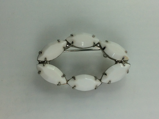 Vintage Pin Brooch Silver Toned Oval Design With White Rhinestones Used