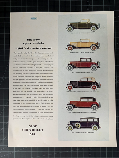 Vintage 1930S Chevrolet Six Print Ad