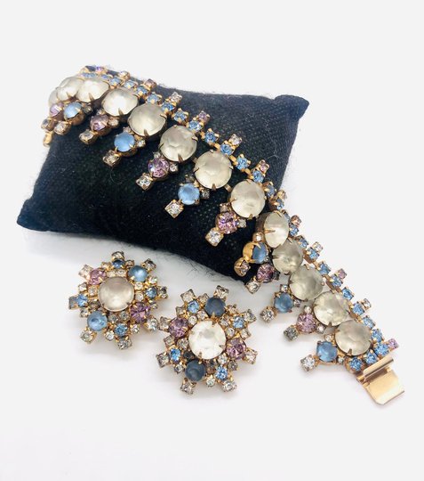 Wide Hobe' Frosted Rhinestone Fringe Bracelet Earrings Demi Amethyst Rs Signed Vintage Designer Jewelry