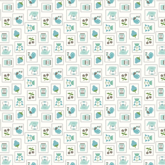 Lori Holt Cook Book Fabric By Riley Blake - White & Blue "stamps" The 1/2 Yard Or Fat Quarter