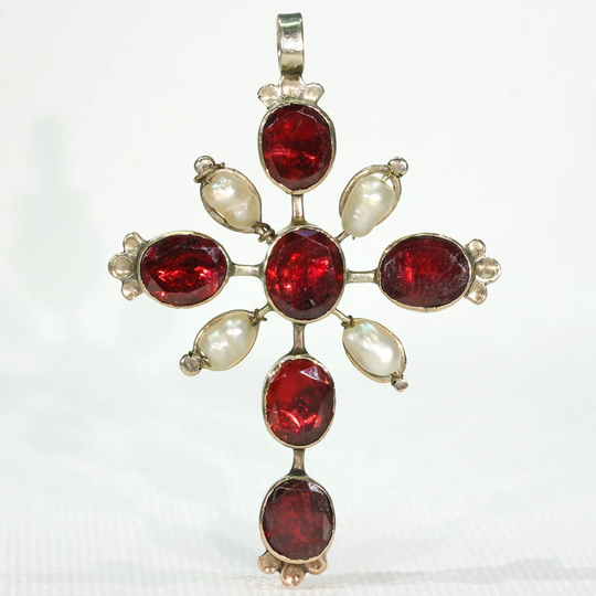 Georgian Gold Flat Cut Garnet & Pearl Cross