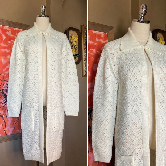 Vintage 70S Creamy White Long Knit Duster Cardigan/Free Sized Cream