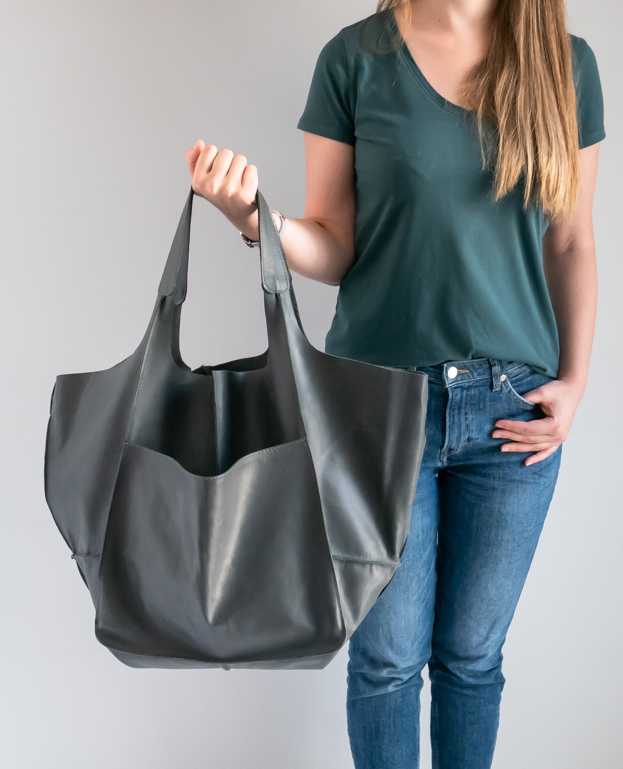 Shoulder Hobo Bag, Gray Oversize Leather Large Tote, Everyday Slouchy Gray Handbag, Big Tote Women Purse Ah