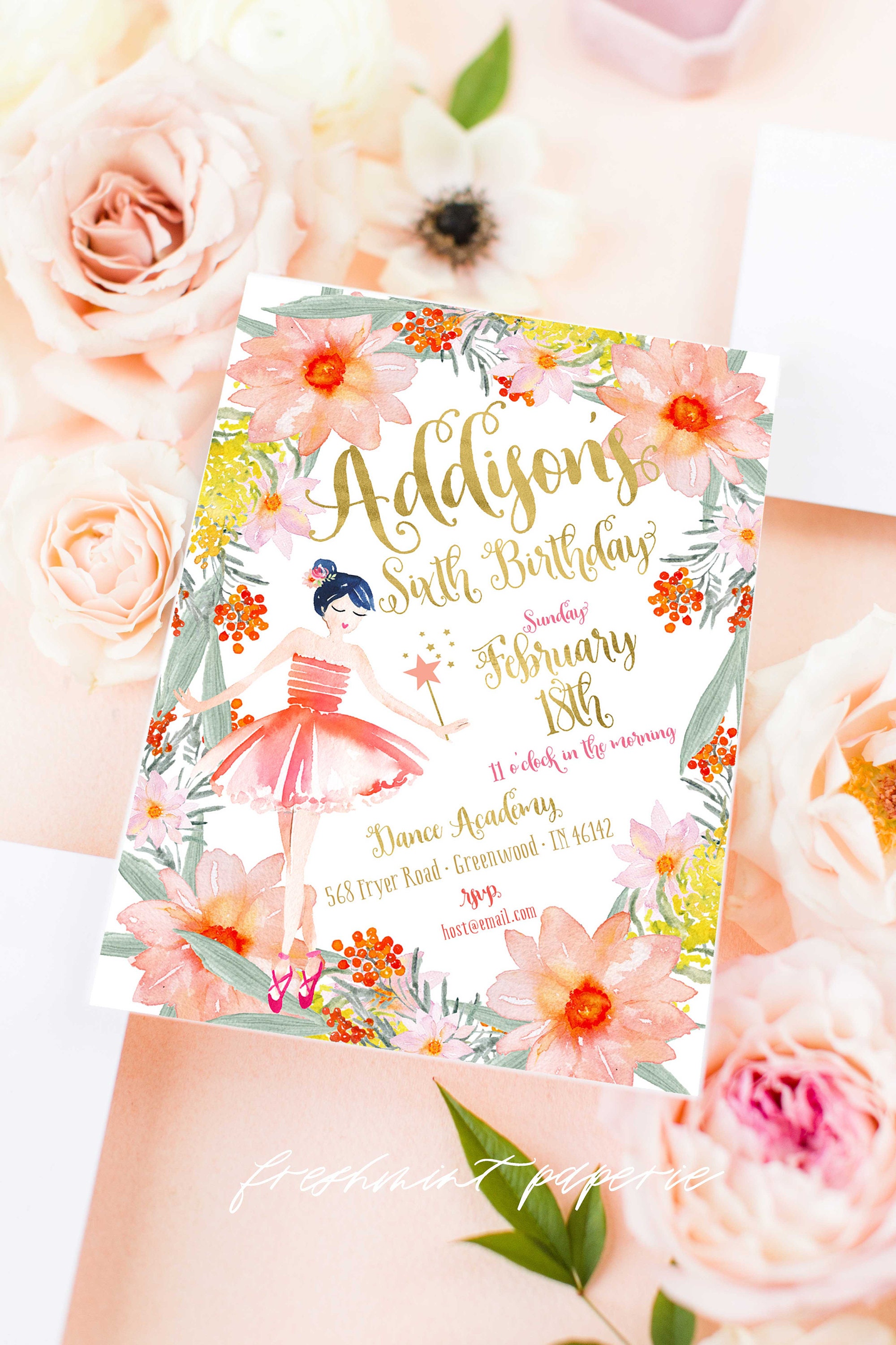 Ballerina Invitation | Ballet Floral Ballerina Pretty Girls Fairy Birthday Party