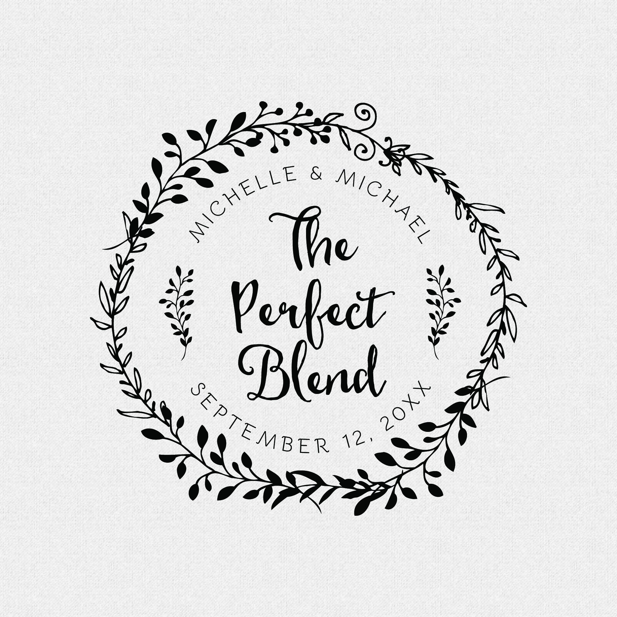 The Perfect Blend Stamp, Wedding Favor, Self Inking For Coffee Cup Sleeves, Floral, Wreath, Favors, Laurel | T794