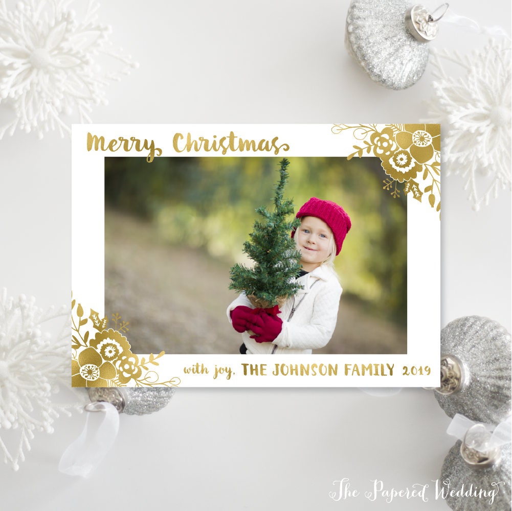 Printable Or Printed Gold Floral Christmas Cards - Faux Foil Flower Merry Photo Landscape Card 021 P1