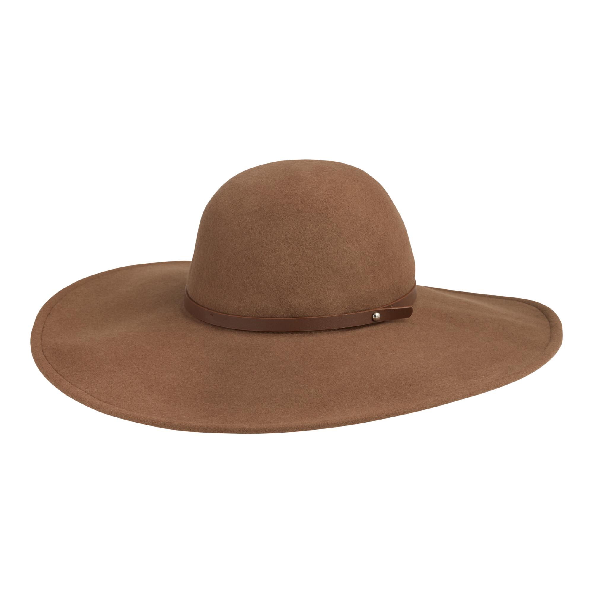 Tan Floppy Hat With Faux Leather Trim: Brown - Wool by World Market