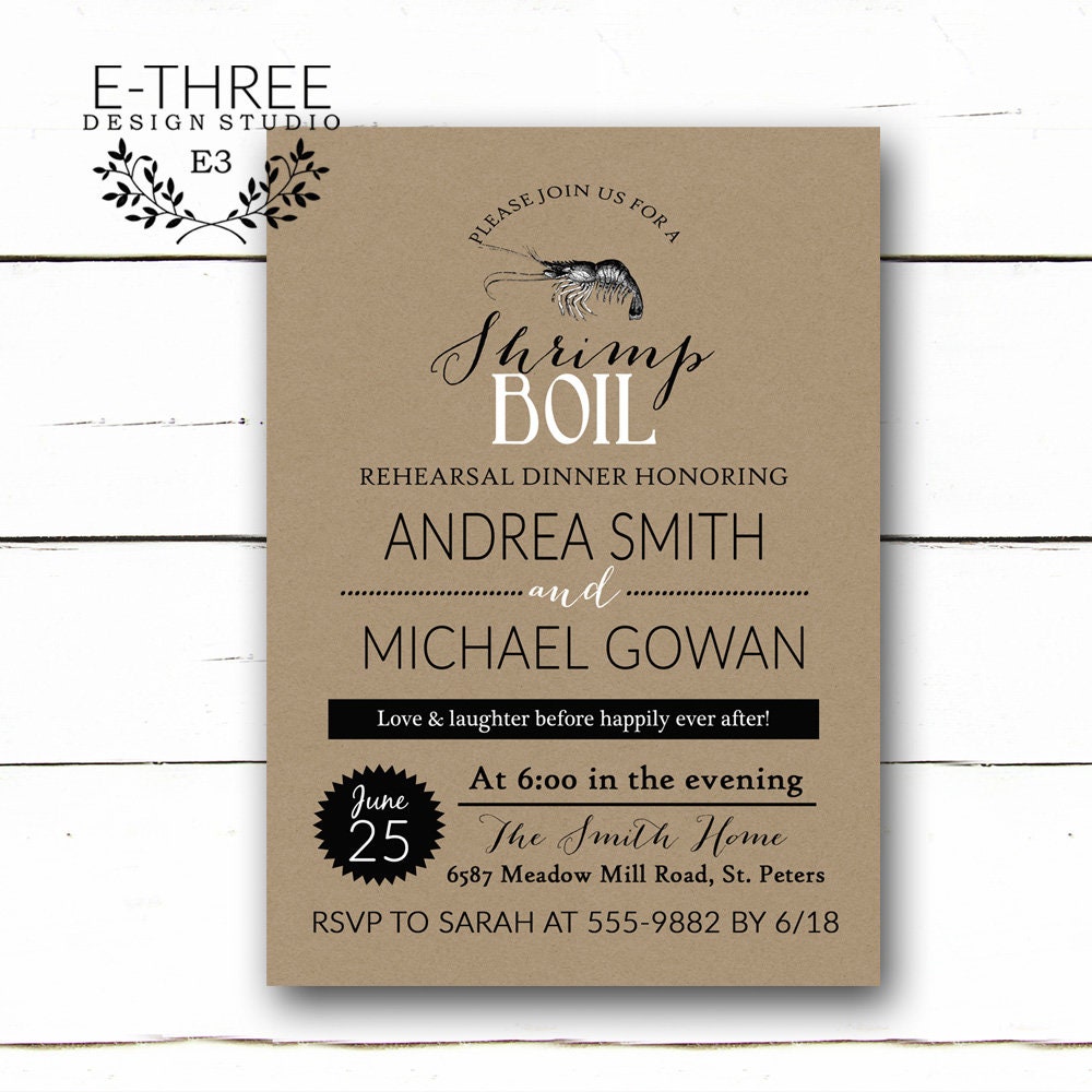 Rehearsal Dinner Invitation - Shrimp Boil Seafood Low Country Wedding Invite Black Kraft Paper #1043