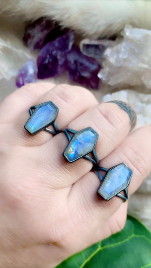 Rainbow Moonstone Coffin Ring