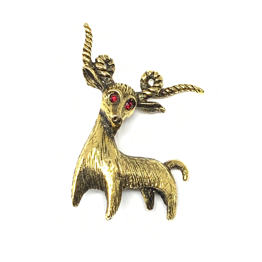 Aries Astrology Jewelry, Animal Brooch, Garnet Red Tone Rhinestone Eyes & Large Twisted Horns, Antique Finish
