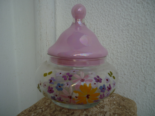 Hand-Painted Glass Jar, Bowl With Iridescent Pink Lift Off Lid, Flowers, Floral, Cotton Jar