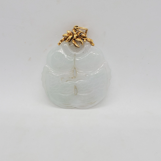 14K Solid Gold Twin Fish Carved Large Jade Pendant/ Gift For Her