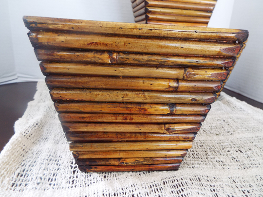 1 Of 4 Asian 1970S Mcm Split Reed Bamboo Planters Tabletop Mid Century Modern Real Plastic Insert Indoor Outdoor