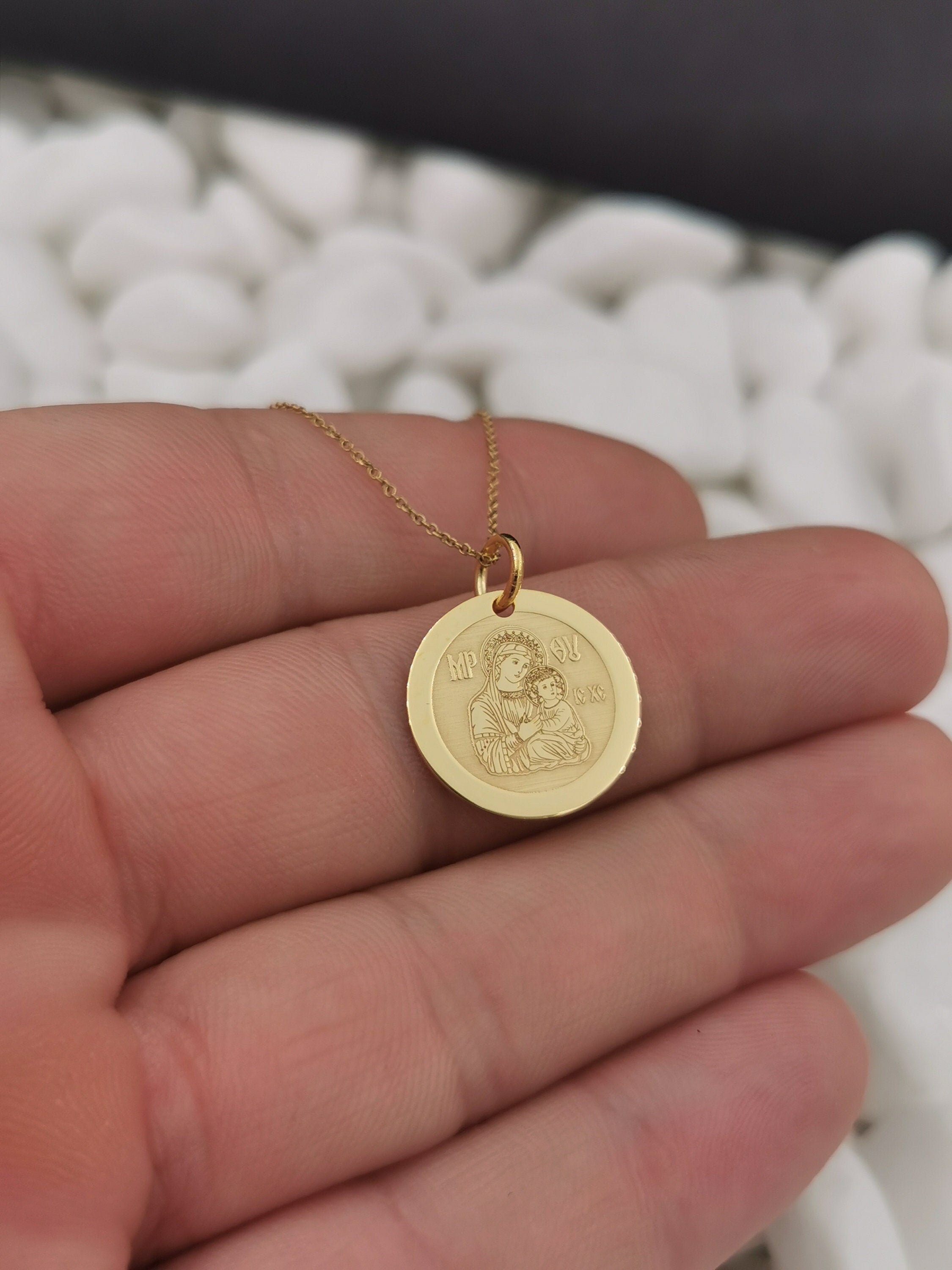 Dainty 14K Virgin Mary Necklace, Solid Gold Mother Of God Pendant, Jesus Disc Personalized Necklace