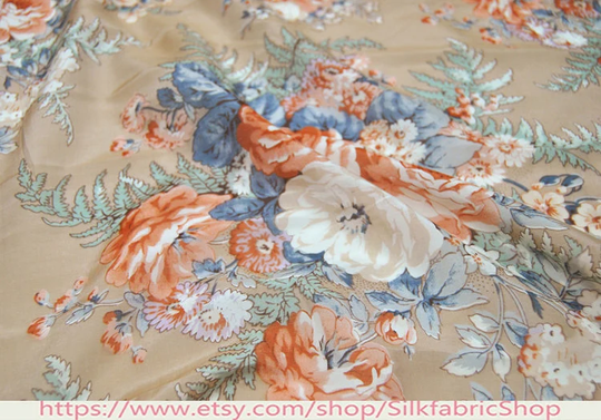 Floral Print Silk Cotton Blend Beige Fabric ,width 55 Inch, Silk