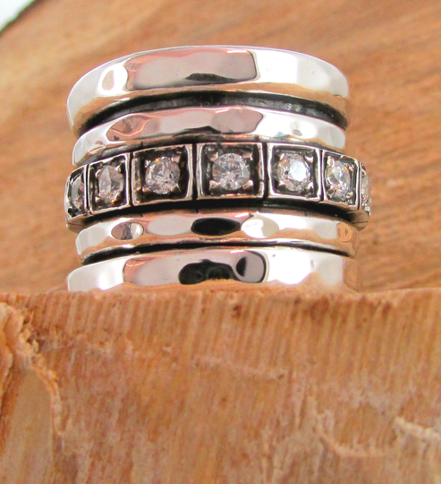 Wide Silver Wedding Ring, White Zircon Band Ring, Designer Silver Hammered Chunky Bohemian