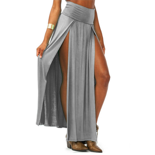 Women Cotton Blend Sexy Trends Double Slits Open Rayon Knit Long Maxi Skirt - Gray - grey