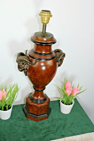 Gorgeous French Spelter Metal Empire Design Ram Heads Table Lamp 1960