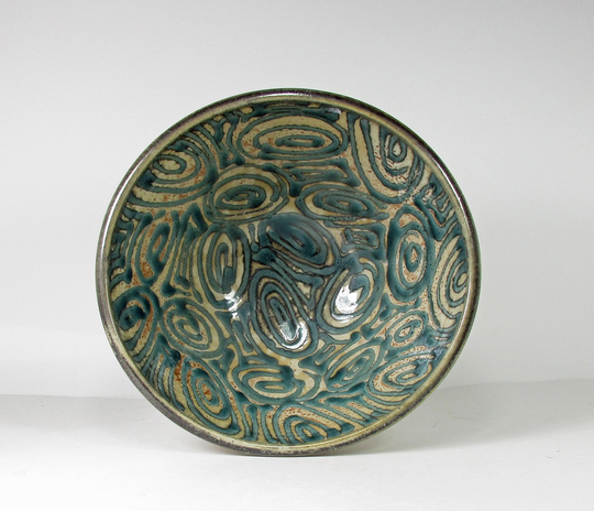 Ceramic Serving Bowl in Shino With Green Swirls