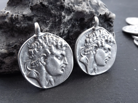 Silver Alexander Coin, Greek Coin Pendant, Medallion Tetradrachm Of The Seleucid, King Balas, Matte Silver, 2Pc