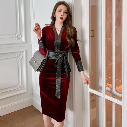 Vintage V-Neck Mid-Long Temperament Mix Of Wine Red Burgundy Long Sleeve Velvet With Wide Belt Gorgeous Dress