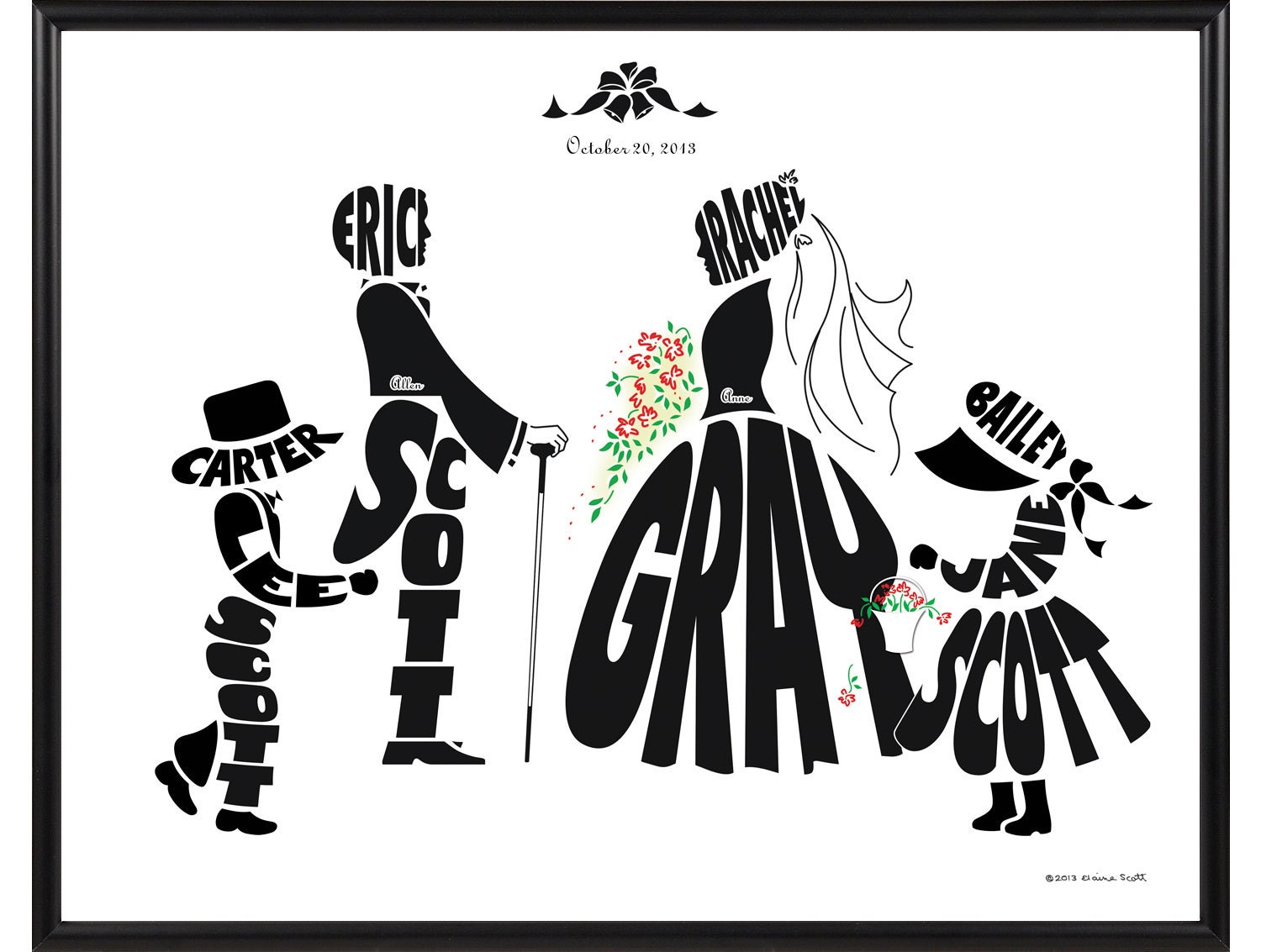 Personalized Blended Family Wedding Silhouette Print, Ring Bearer & Flower Girl Name Art Decor