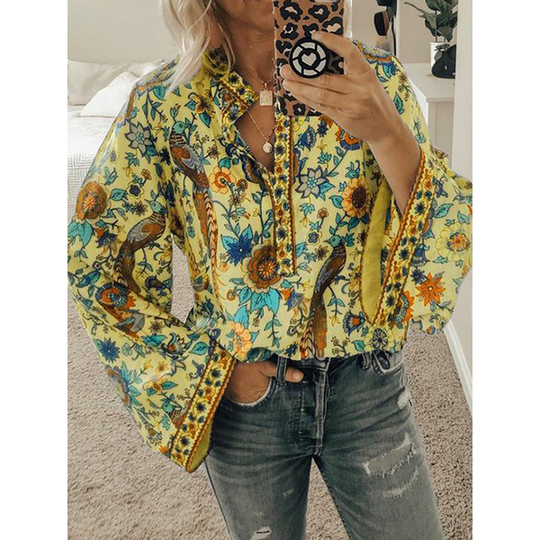 White Long Sleeve Floral Cotton-Blend Floral-Print Shirt in 5 Color Choices - Yellow, XL