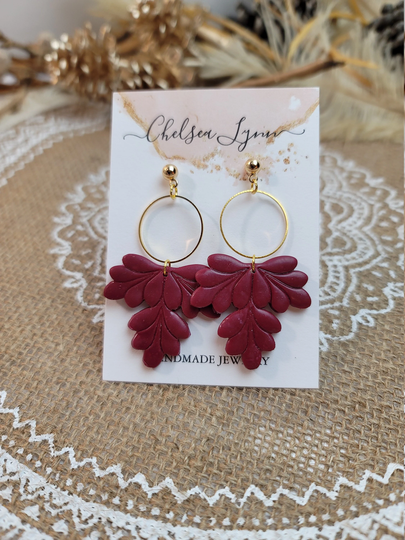 Burgundy Leaf Dangle Earrings, Valentines Day Jewelry, Gift For Her