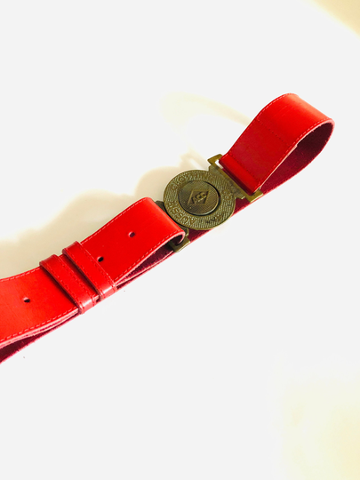 Vintage Leather Belt, Red 1980's Brass Buckle, Adjustable Aussie Clothing Co, 31 -36 Inch Waist