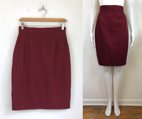 Vintage Wool Blend Skirt | 90S United Colors Of Benetton Straight Cut Burgundy Red Womens Size Small 27" Waist